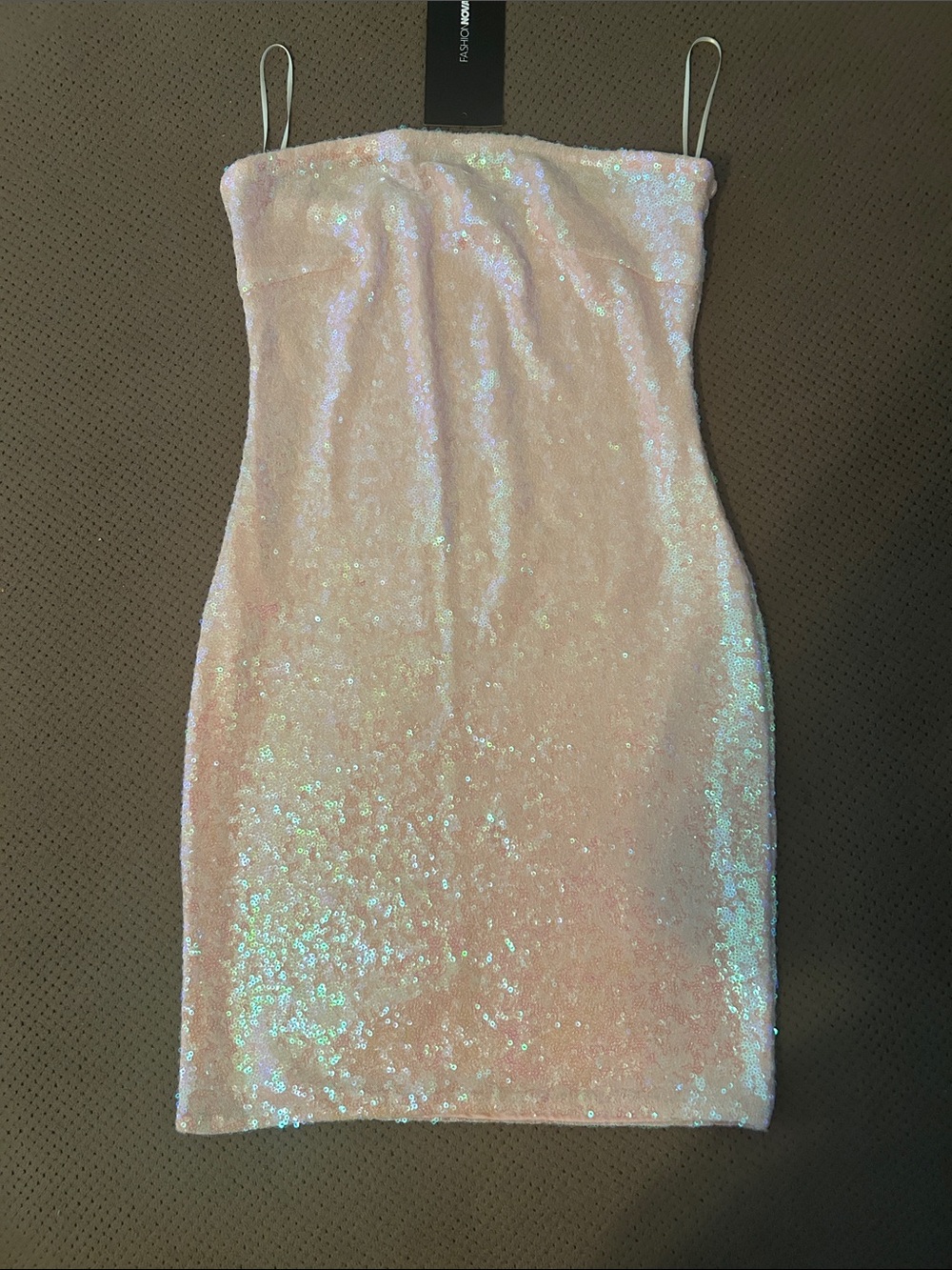 Fashion Nova Iridescent Pink Sequin Strapless Mini Dress